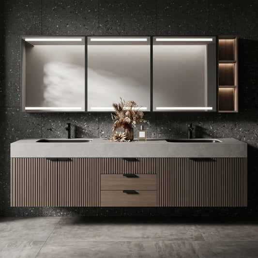 60''-96'' Modern Bathroom Vanity with Sink Double Sink Slatted Veneer Concrete Top Mirror Cabinet