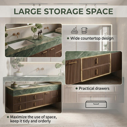 60''-96'' Double Bathroom Vanity with Sink Modern Floating Dark Walnut Ridge-Slatted Front