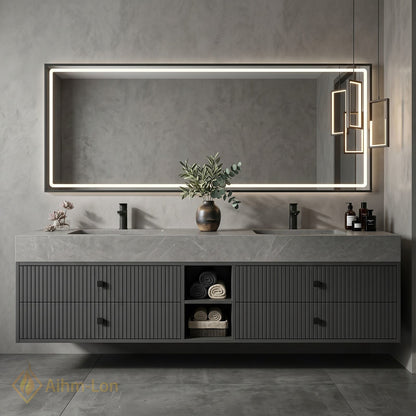 60''-96'' Double Bathroom Vanity with Sink Grey Floating Modern Stone-Top Vertical Grooved