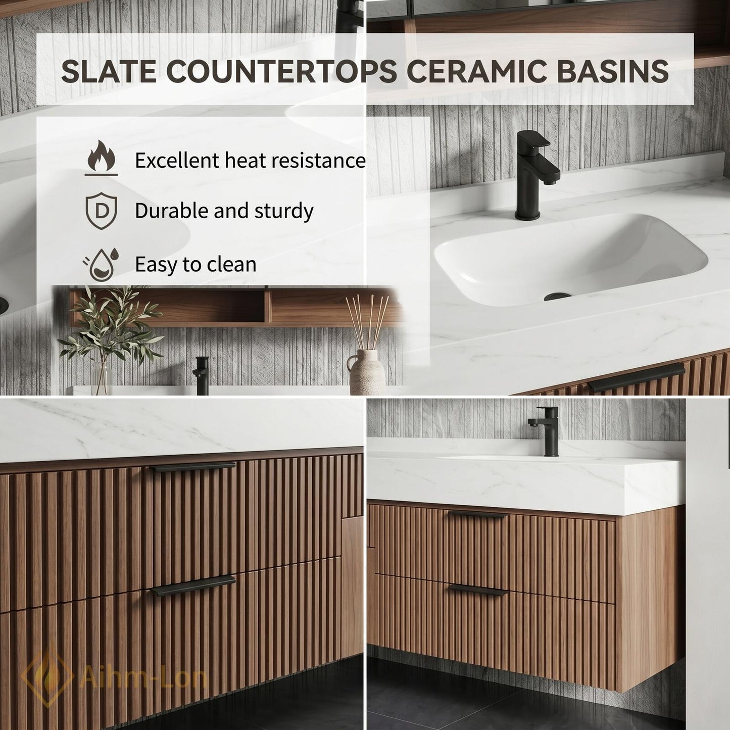 70''-96'' Modern Double Bathroom Vanity with Sink Floating Slatted Doors Warm Walnut