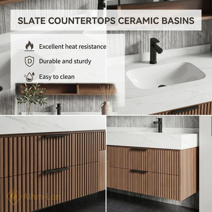 70''-96'' Modern Double Bathroom Vanity with Sink Floating Slatted Doors Warm Walnut