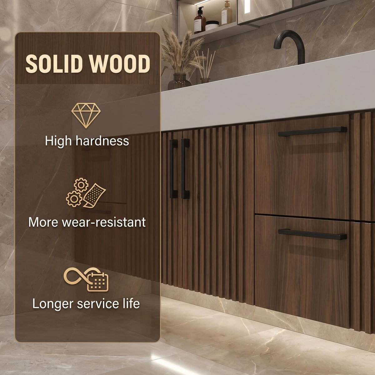 60''-96'' Double Bathroom Vanity with Sink Modern Floating Dark Walnut Slatted Panel