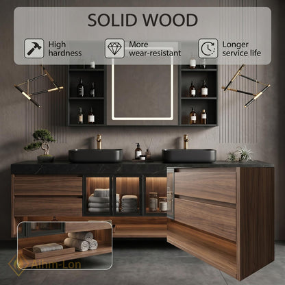 60''-96'' Double Bathroom Vanity with Sink Floating Dark Marble Top Wood Grain