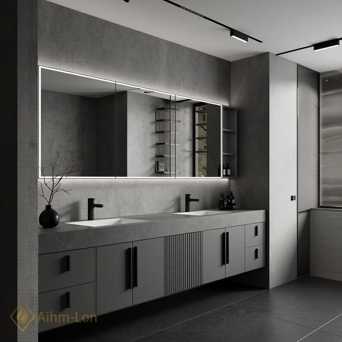 60''-96'' Double Bathroom Vanity with Sink Slatted Center Panel Matte Grey Open Storage