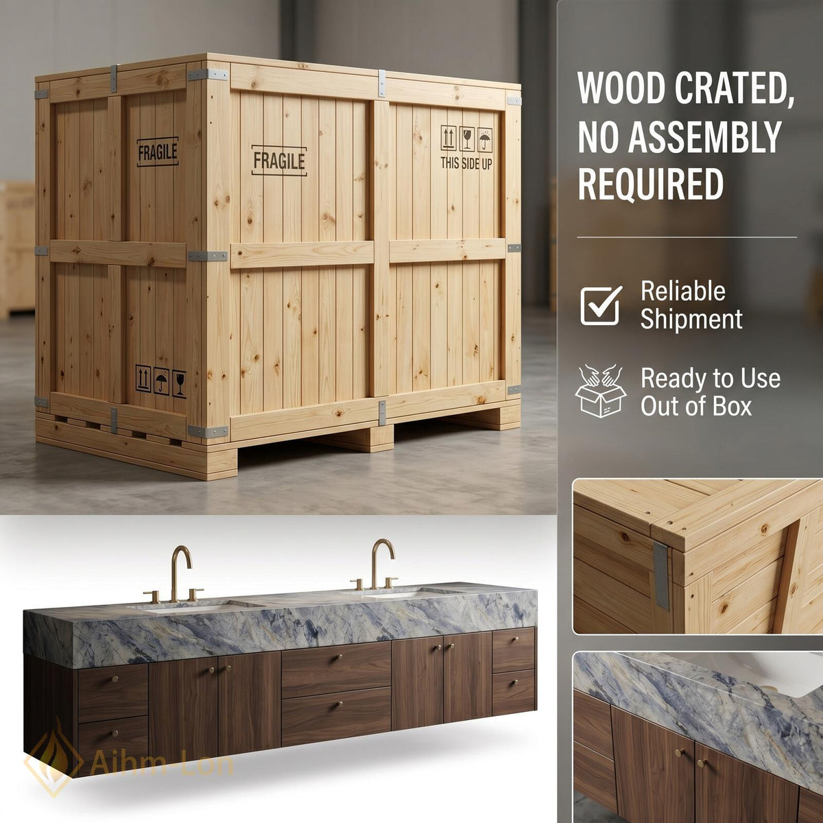 60''-96'' Double Bathroom Vanity with Sink Marble Effect Open Drawer Storage