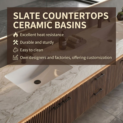 70''-96'' Modern Bathroom Vanity with Sink Double Sink Floating Wood Grain Storage Drawers