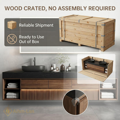 60''-96'' Double Bathroom Vanity with Sink Dark-Walnut Modern Floating Slatted-Panel