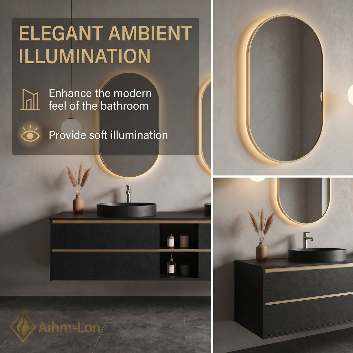60''-96'' Floating Bathroom Vanity with Sink Wall Mounted Charcoal Finish Double Oval Mirrors Cabinet