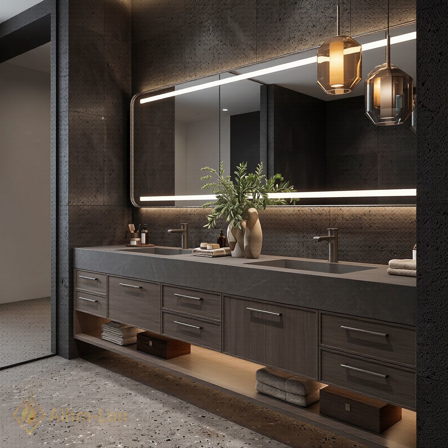 76''-96'' Double Bathroom Vanity with Sink Floating Storage Drawers Dark Stone Texture