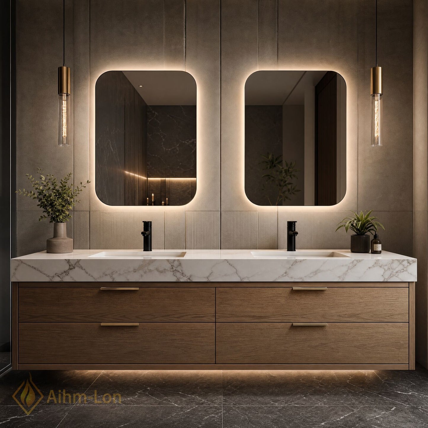 60''-96'' Double Bathroom Vanity with Sink Floating Rectangular Shape White Marble Top