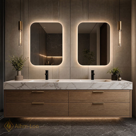 60''-96'' Double Bathroom Vanity with Sink Floating Rectangular Shape White Marble Top