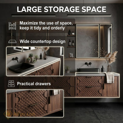 60''-96'' Double Bathroom Vanity with Sink Carved Lattice Drawers Dark Wood Wide Storage