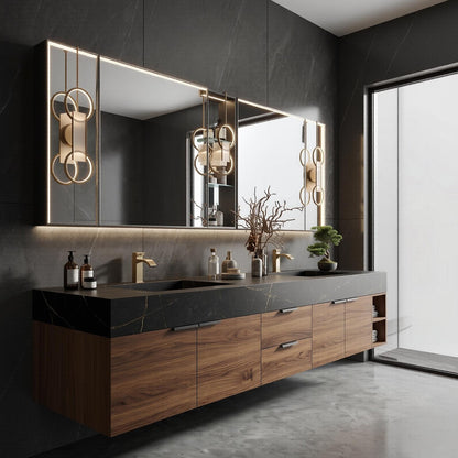 70''-96'' Double Bathroom Vanity with Sink Wall-Mounted Dark Marble Glass Mirror Wood Cabinet