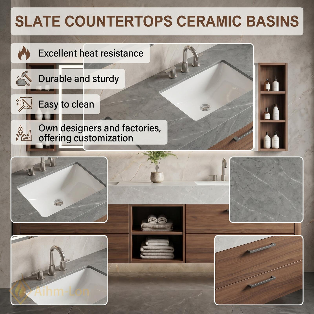 60''-96'' Double Bathroom Vanity with Sink Modern Grey Stone Top Walnut Drawers
