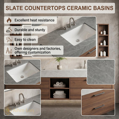 60''-96'' Double Bathroom Vanity with Sink Modern Grey Stone Top Walnut Drawers
