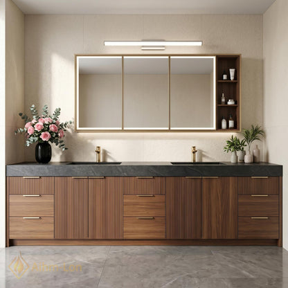 78''-96'' Double Bathroom Vanity with Sink Modern Floating Dark Walnut Slatted Panels