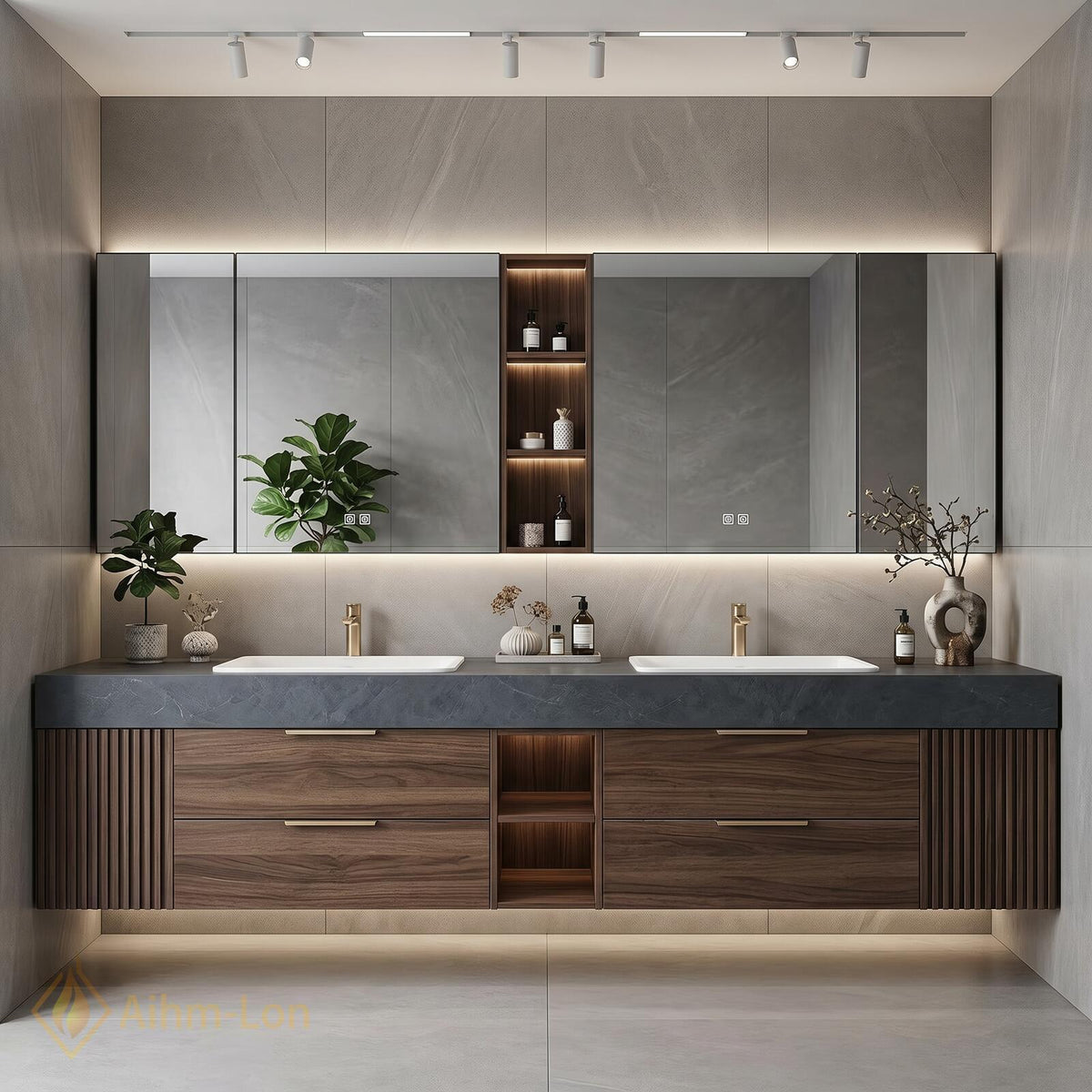 60''-96'' Double Bathroom Vanity with Sink Floating Double Walnut Finish Floating