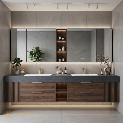 60''-96'' Double Bathroom Vanity with Sink Floating Double Walnut Finish Floating