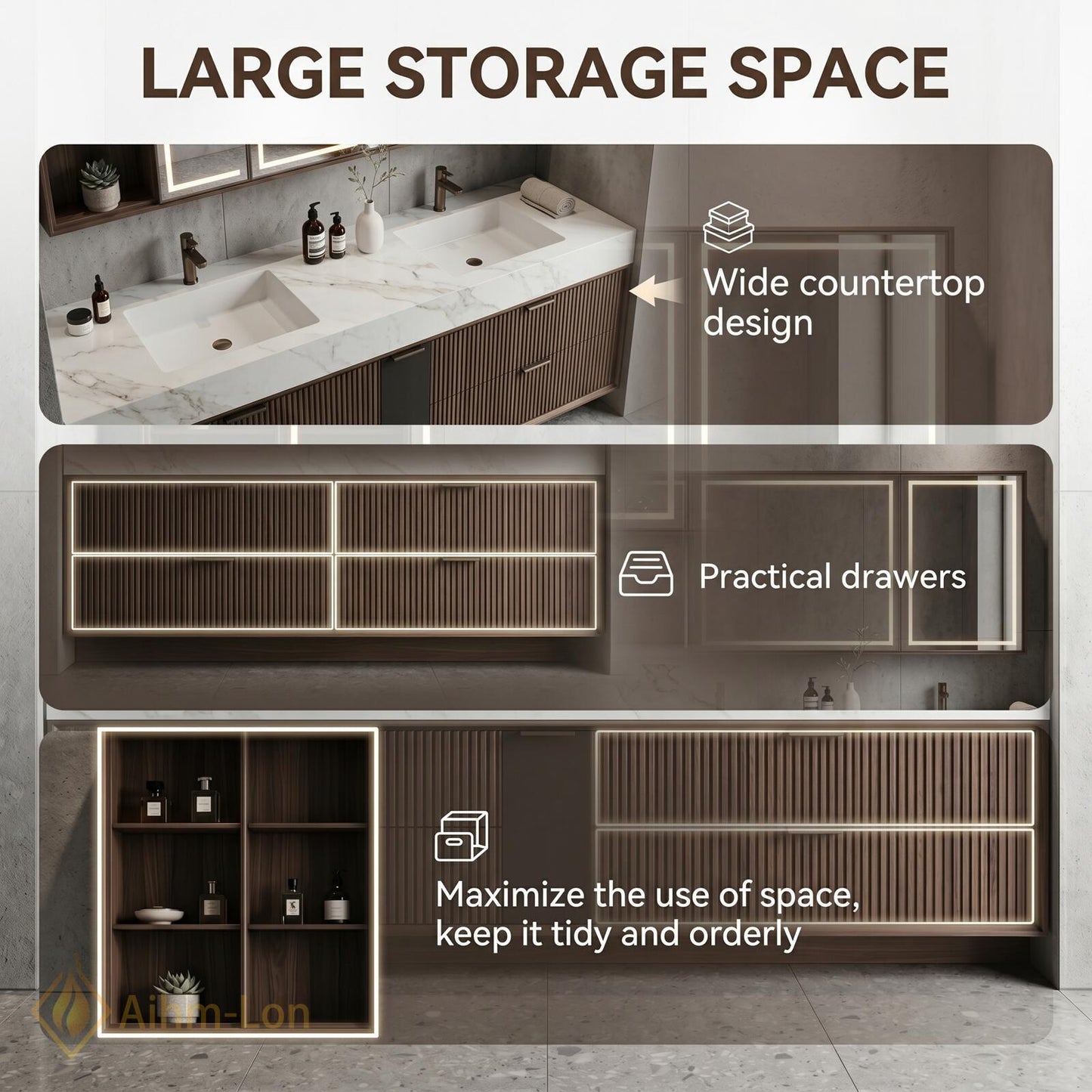 60''-96'' Double Bathroom Vanity with Sink Elegant Floating Dark Walnut Marble Surface