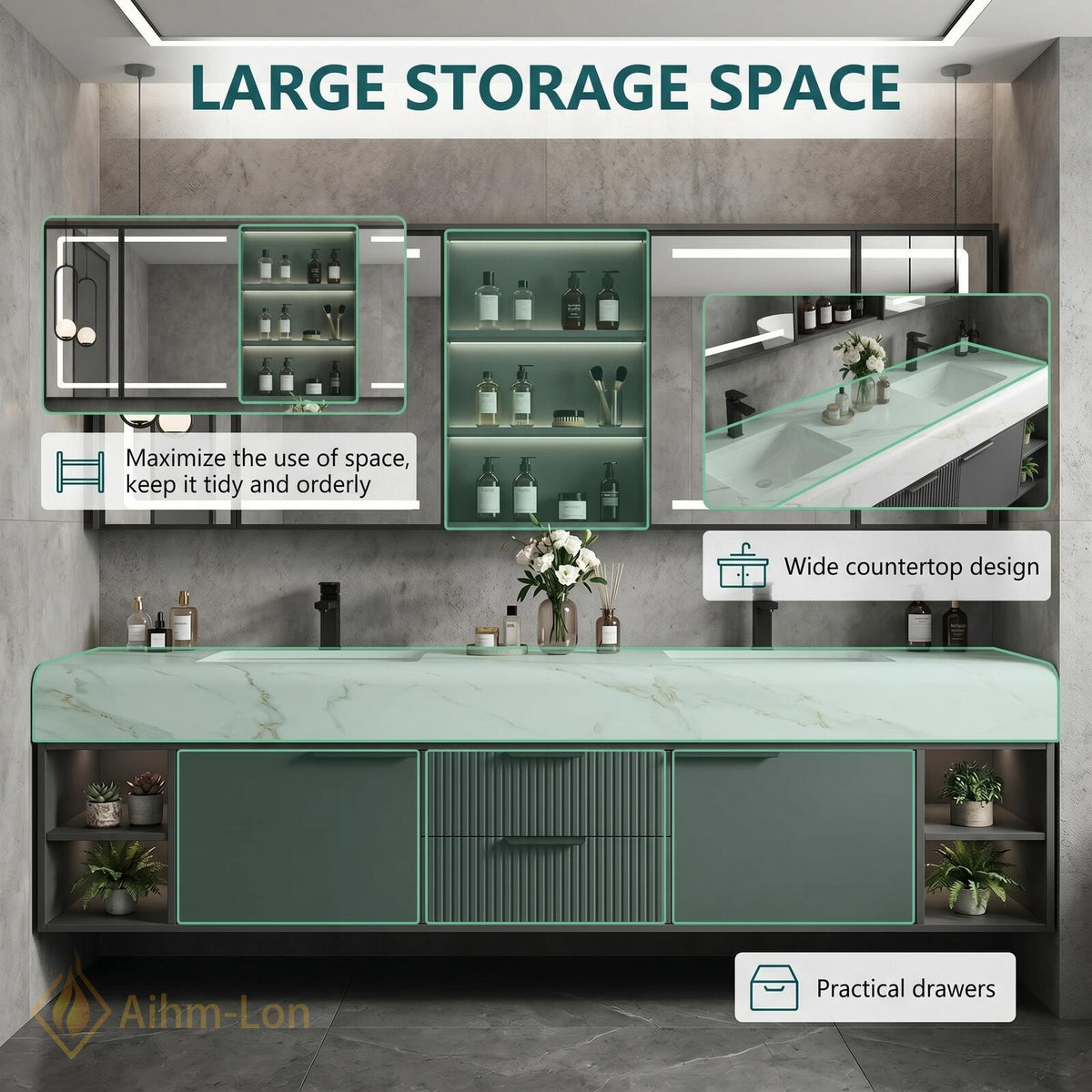 60''-96'' Double Bathroom Vanity with Sink Modern Dark Grey Marble Ribbed Drawers