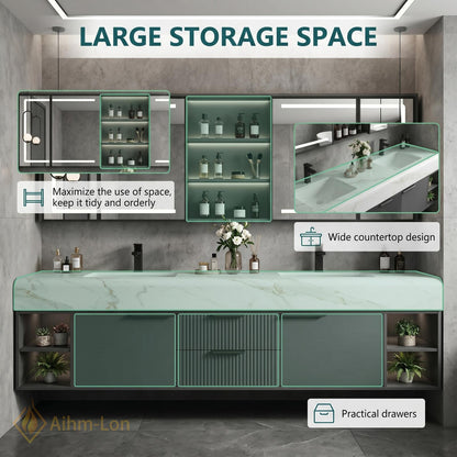 60''-96'' Double Bathroom Vanity with Sink Modern Dark Grey Marble Ribbed Drawers