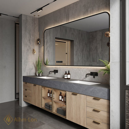 78''-96'' Double Bathroom Vanity with Sink Dark Stone Top Glass Display Doors