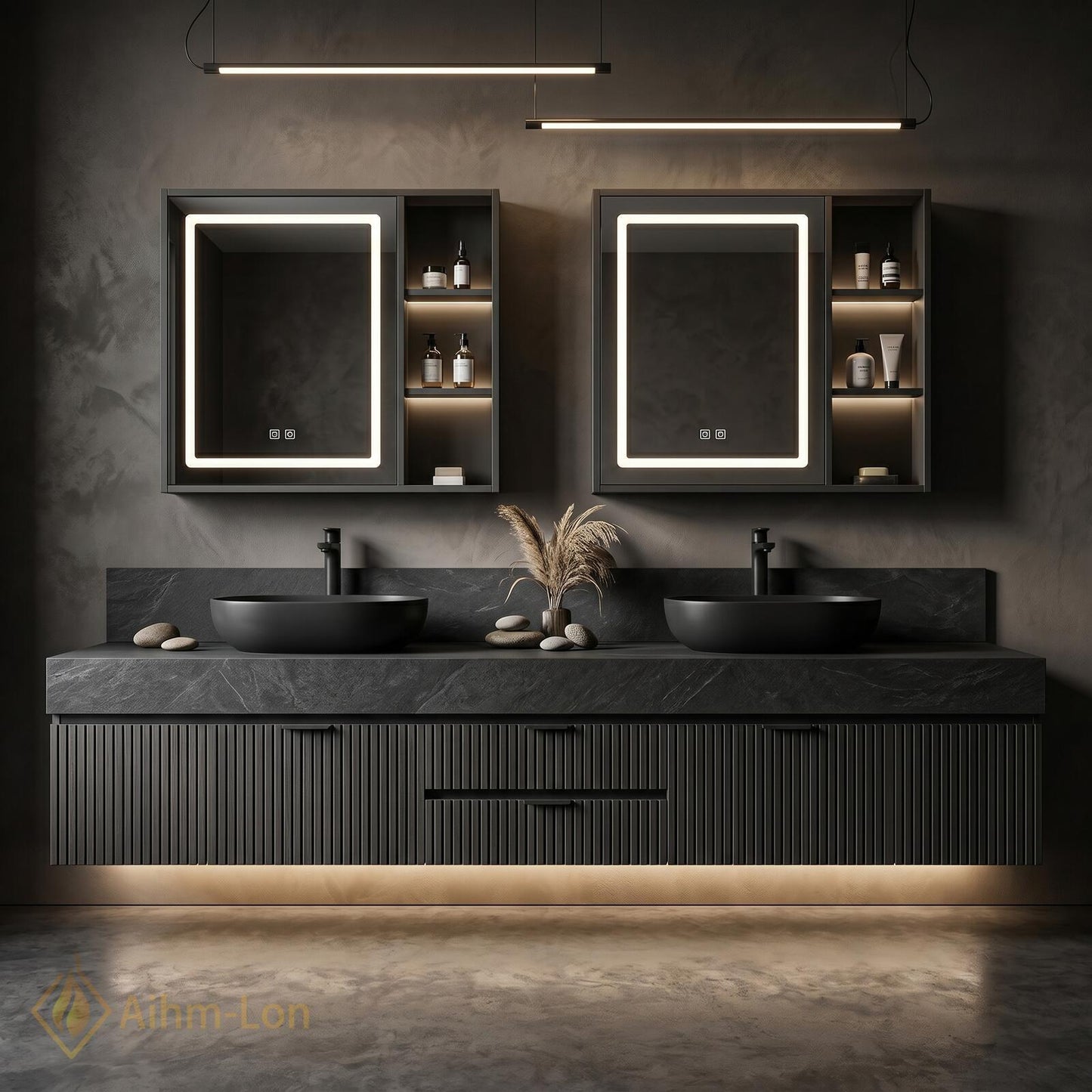 60''-96'' Double Bathroom Vanity with Sink Modern Floating Dark Stone Ribbed Panels