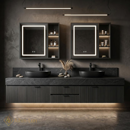 60''-96'' Double Bathroom Vanity with Sink Modern Floating Dark Stone Ribbed Panels