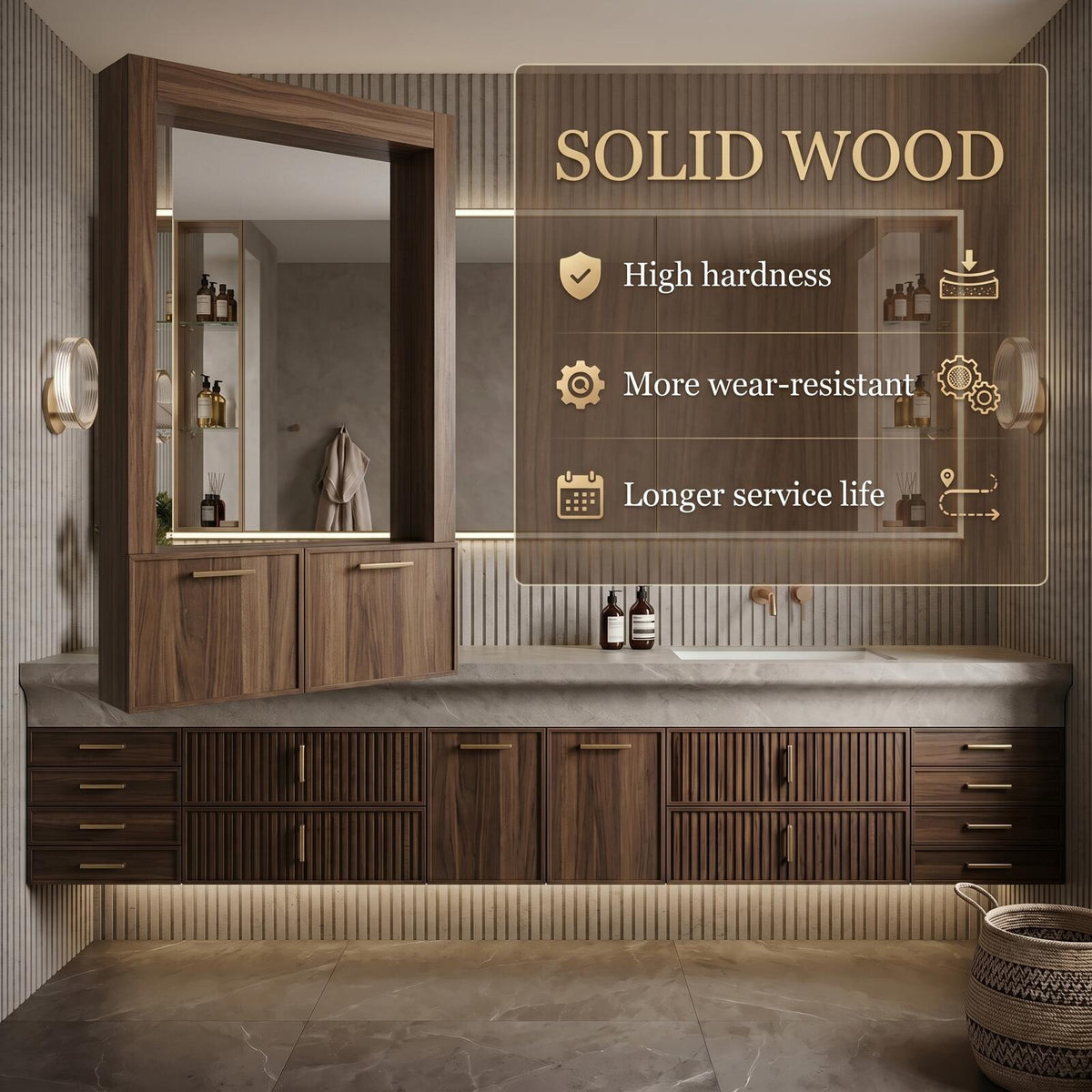 60''-96'' Double Bathroom Vanity with Sink Modern Floating Ribbed Cabinet Rich Timber Finish