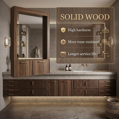 60''-96'' Double Bathroom Vanity with Sink Modern Floating Ribbed Cabinet Rich Timber Finish