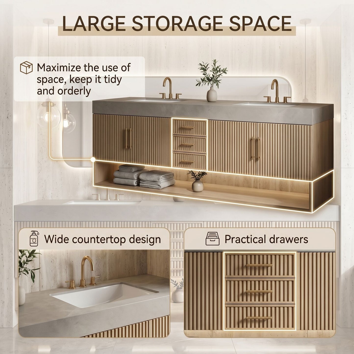 60''-96'' Modern Bathroom Vanity with Sink Double Sink Vertical Fluted Warm Wood-Grain Cabinet