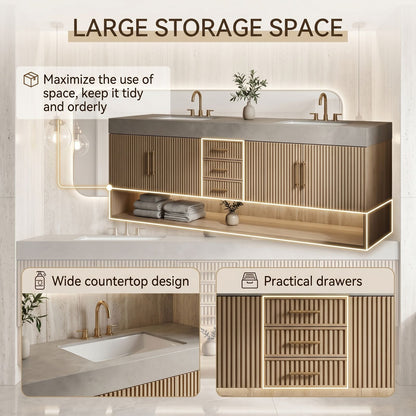60''-96'' Modern Bathroom Vanity with Sink Double Sink Vertical Fluted Warm Wood-Grain Cabinet