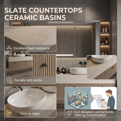 72''-96'' Double Bathroom Vanity with Sink Floating Vanity Stone Top Slatted Front