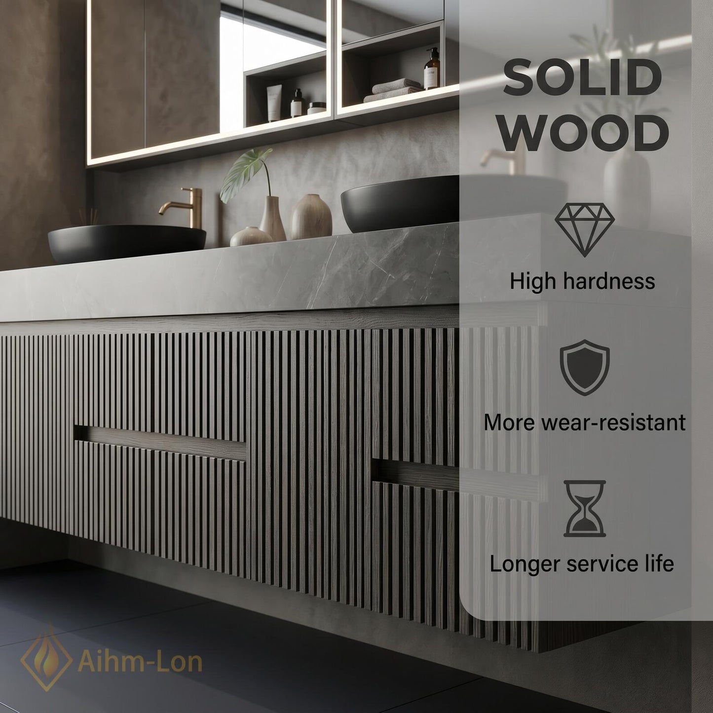 60''-96'' Modern Double Bathroom Vanity with Sink Floating Grey Marble Slatted Front