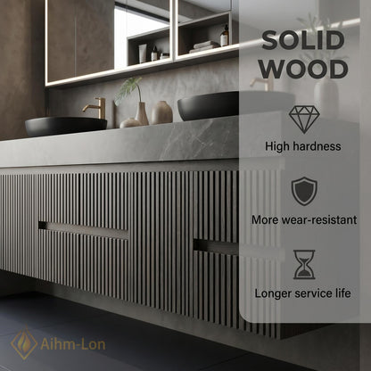 60''-96'' Modern Double Bathroom Vanity with Sink Floating Grey Marble Slatted Front