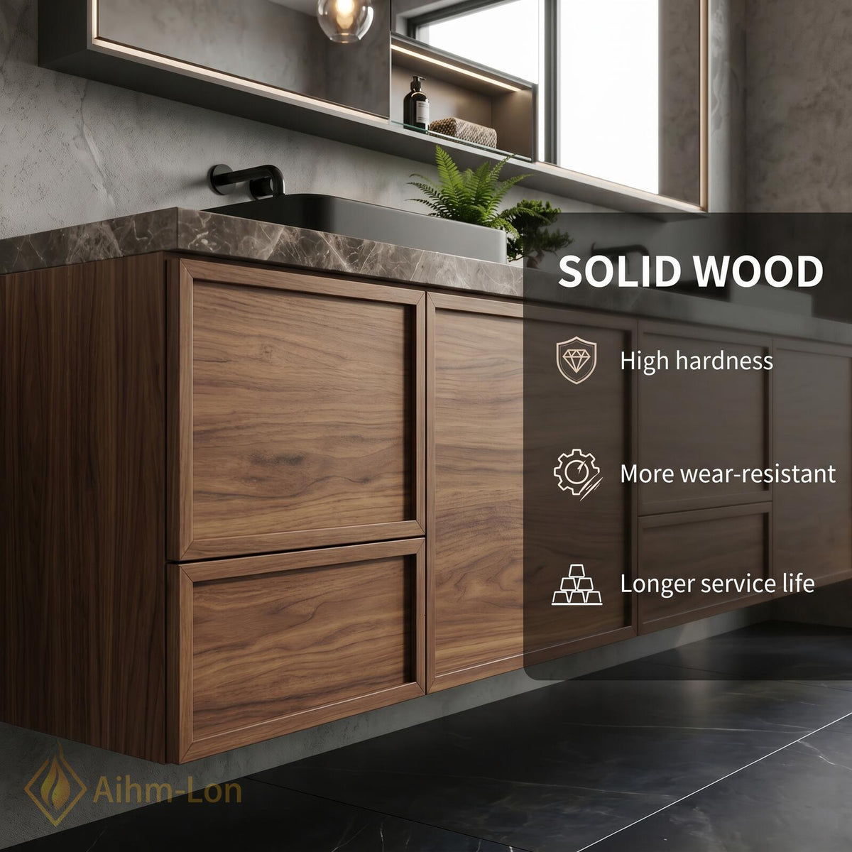 60''-96'' Double Bathroom Vanity with Sink Dark Walnut Grain Floating Open Shelving