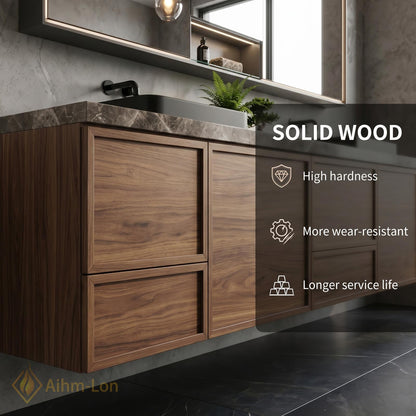 60''-96'' Double Bathroom Vanity with Sink Dark Walnut Grain Floating Open Shelving