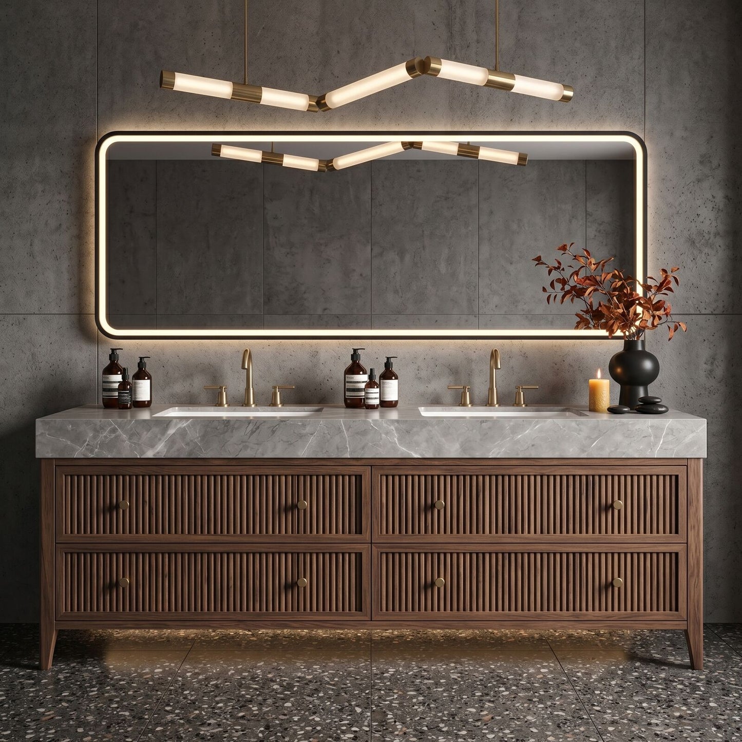 60''-96'' Modern Bathroom Vanity with Sink Grey Marble Slatted Wood Spacious Drawers