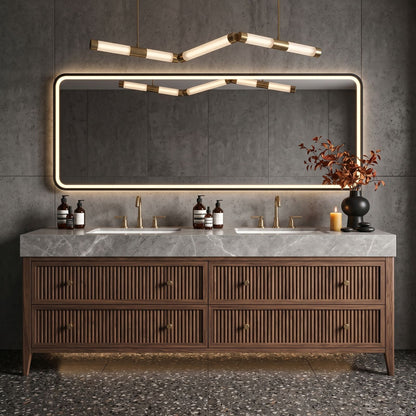 60''-96'' Modern Bathroom Vanity with Sink Grey Marble Slatted Wood Spacious Drawers