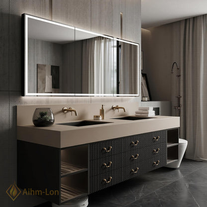 60''-96'' Double Bathroom Vanity with Sink Modern Fluted Drawer Fronts Warm Taupe Countertop