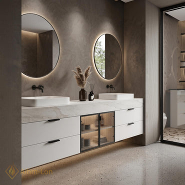 60''-96'' Double Bathroom Vanity with Sink White Modern Floating Glass Doors Marble