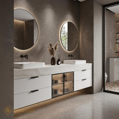 60''-96'' Double Bathroom Vanity with Sink White Modern Floating Glass Doors Marble