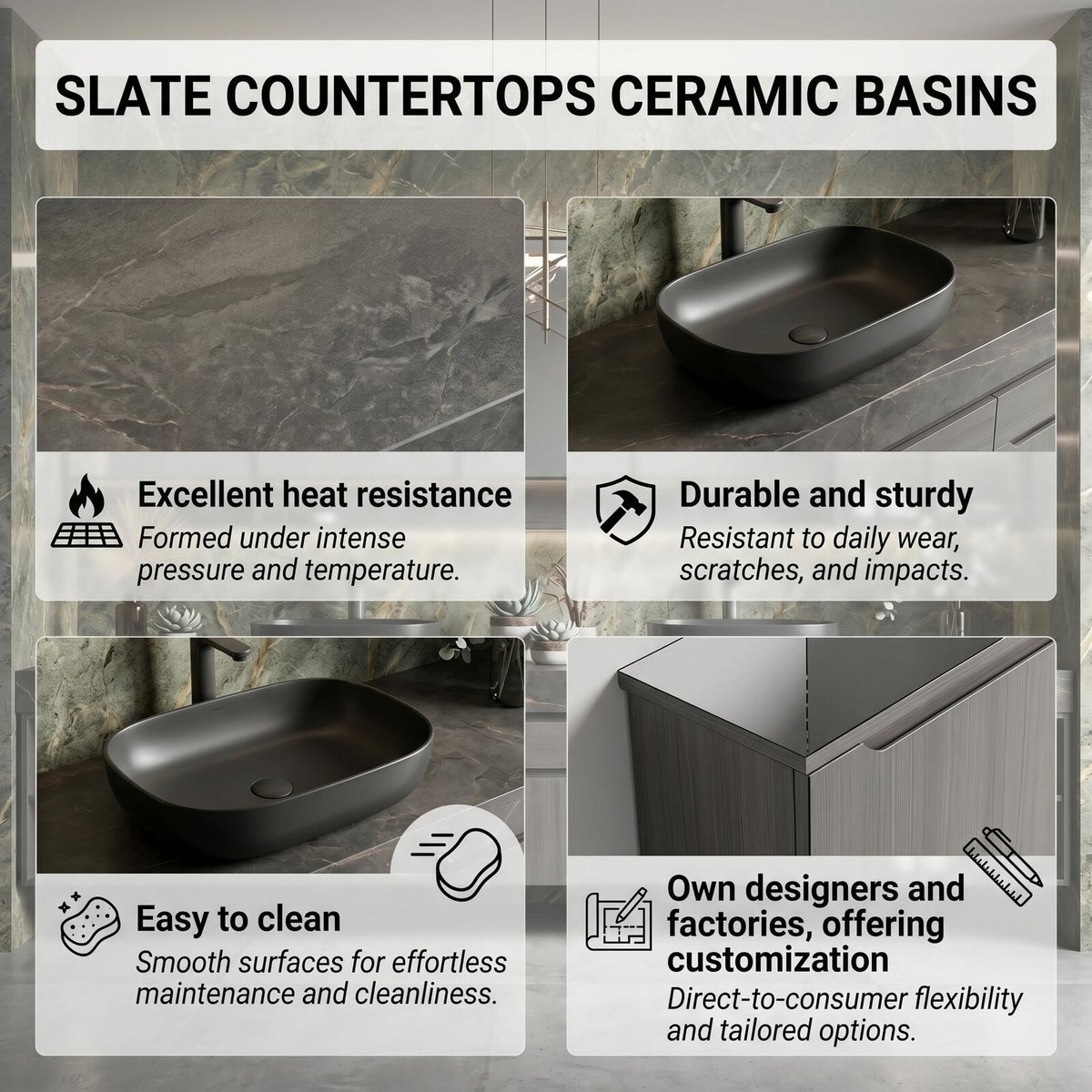 60''-96'' Double Bathroom Vanity with Sink Modern Floating Dark Grey Finish Textured Marble