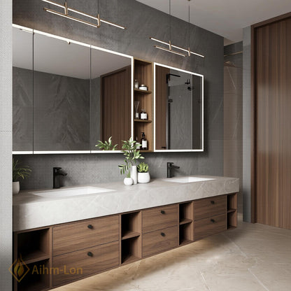 72''-96'' Double Bathroom Vanity with Sink Walnut Modern Floating Stone Countertop Open