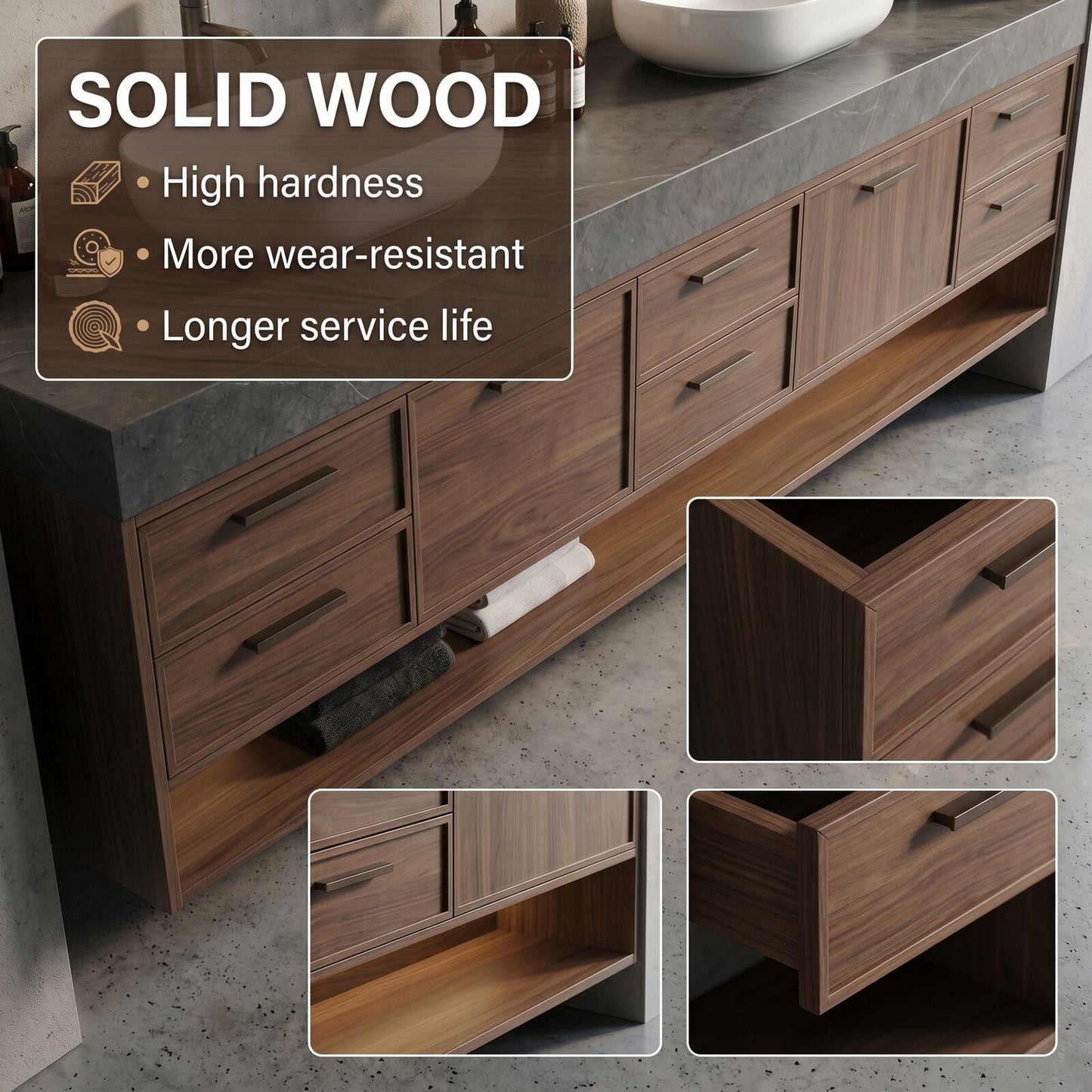 72''-96'' Modern Bathroom Vanity with Sink Grey Stone Natural Wood Texture Double Vessel