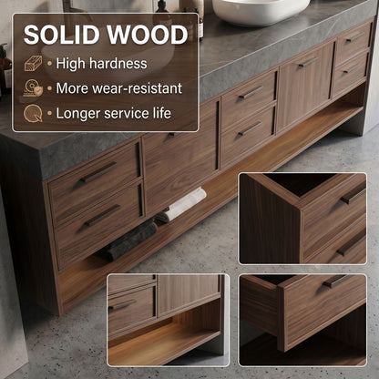 72''-96'' Modern Bathroom Vanity with Sink Grey Stone Natural Wood Texture Double Vessel
