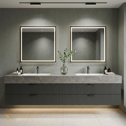 60''-96'' Double Bathroom Vanity with Sink Grey Modern Floating Fluted Drawer Top