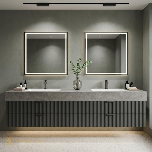 60''-96'' Double Bathroom Vanity with Sink Grey Modern Floating Fluted Drawer Top