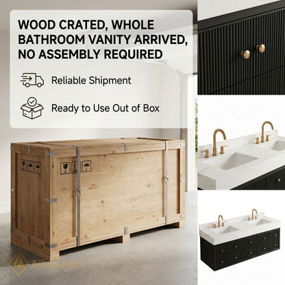 72''-96'' Bathroom Vanity with Sink Textured Drawers Panel Marble Pattern Top Floating