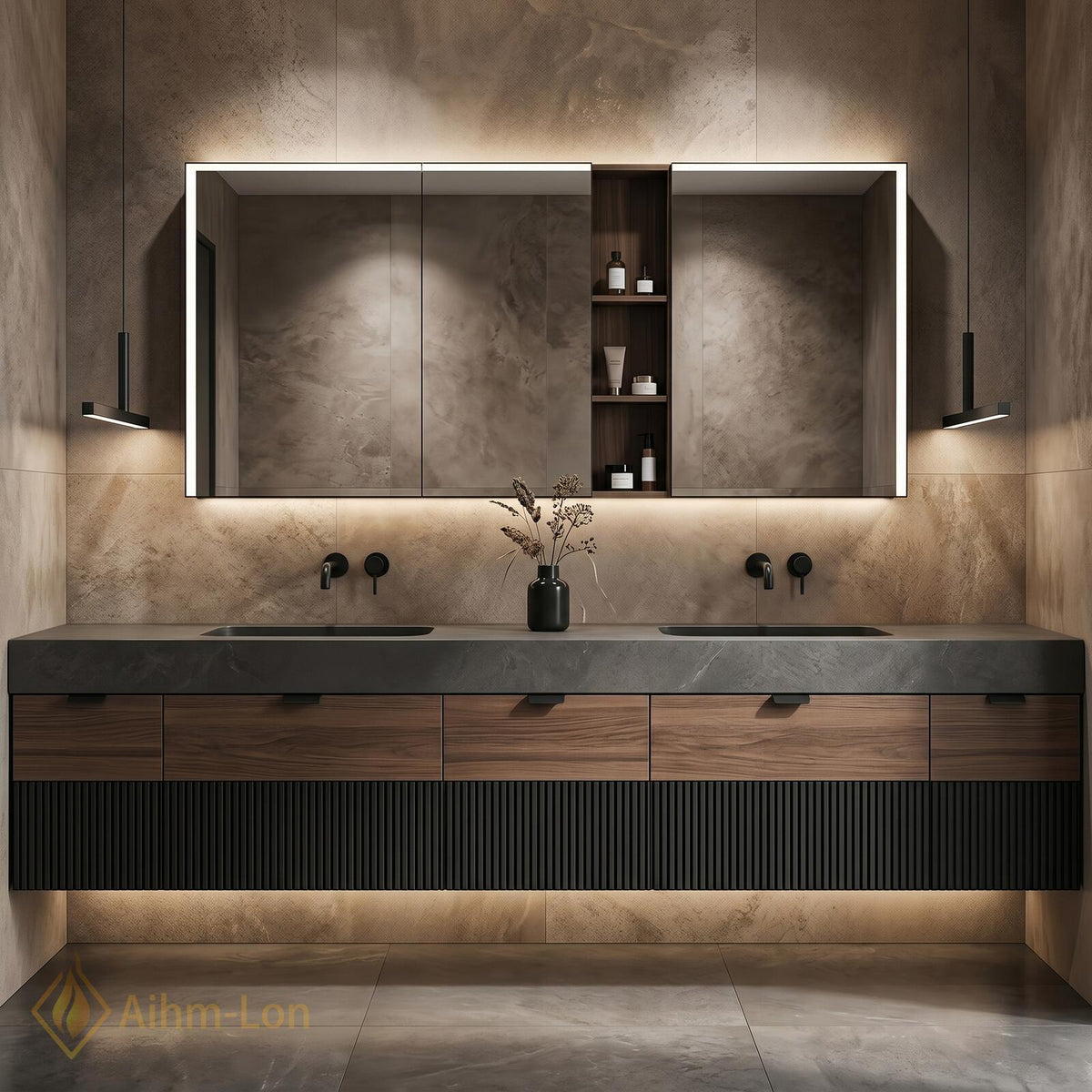 60''-96'' Double Bathroom Vanity with Sink Ribbed Drawers Stone Look Top Shelving